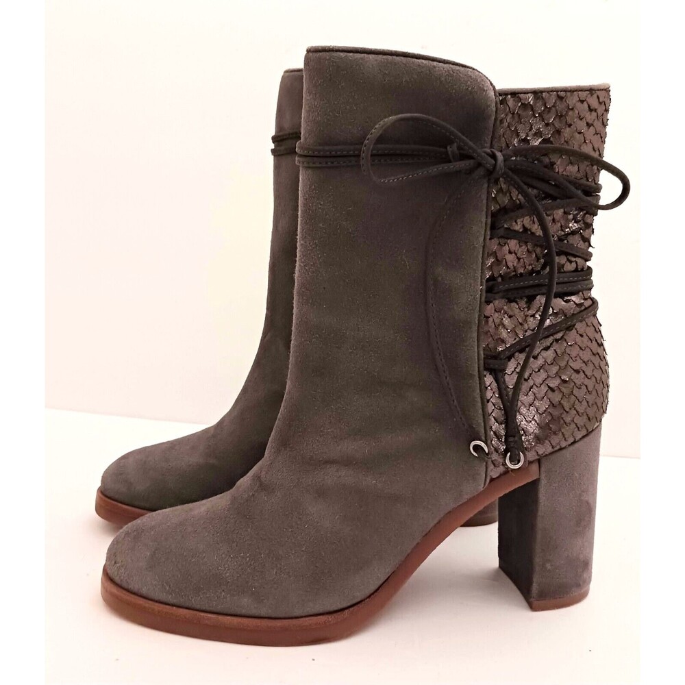 NEW Johnston & Murphy Adley Gray Suede Snake Leather Ankle Boot Block Heel Sz 7